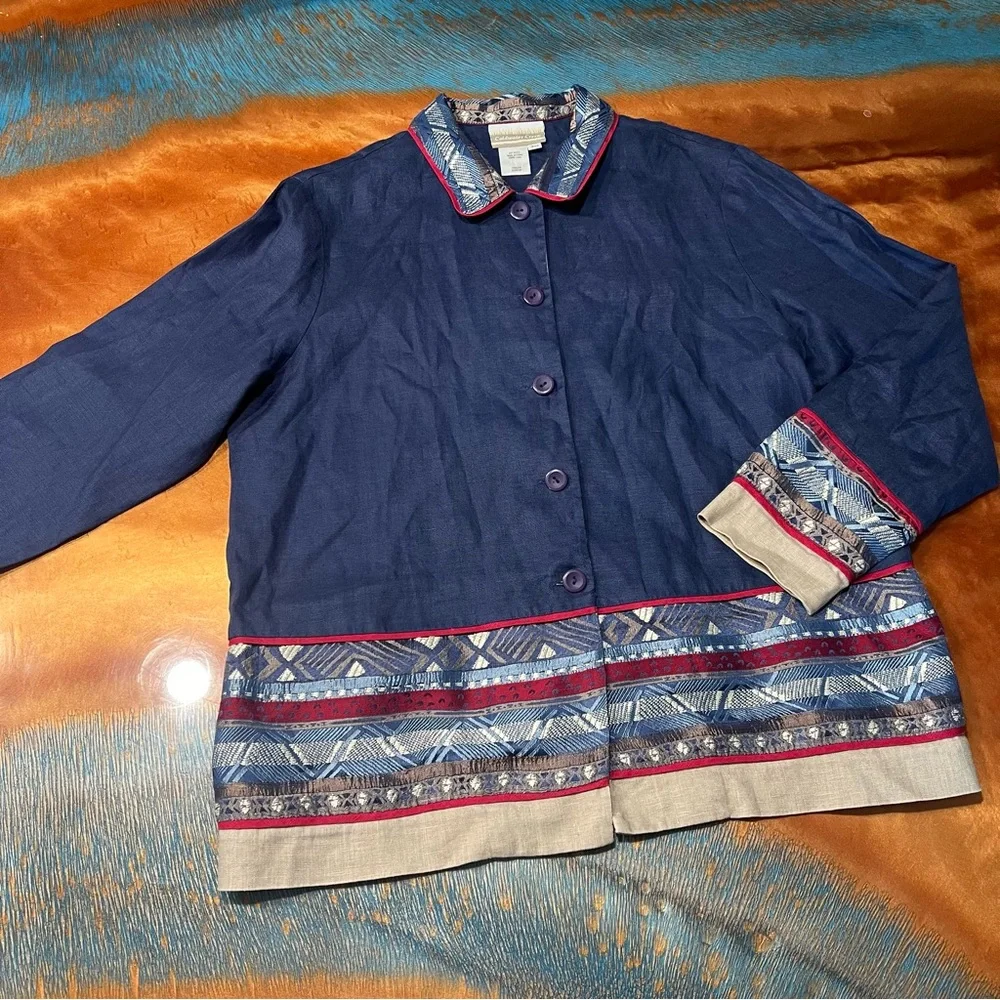 Coldwater Creek Blue Linen Embellished lightweight collared jacket button front